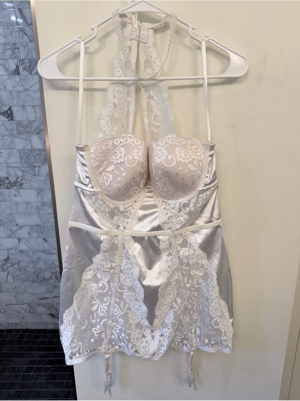 Dreamgirl White Lace-Trim Satin Chemise Slip with Garters and padded cups.